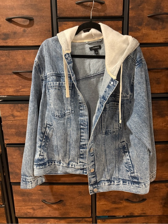 torrid Jackets & Blazers - torrid Light Wash Denim Jacket with Gray Hood